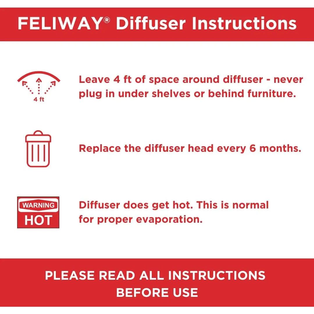 Feliway MultiCat Calming Pheromone 30 Day Refill: Leave 4 ft clear around diffuser; replace head every 6 months. Diffuser warms during use—normal for pheromone release. Eases cat conflict. Read all instructions before use. Red and white icons background.