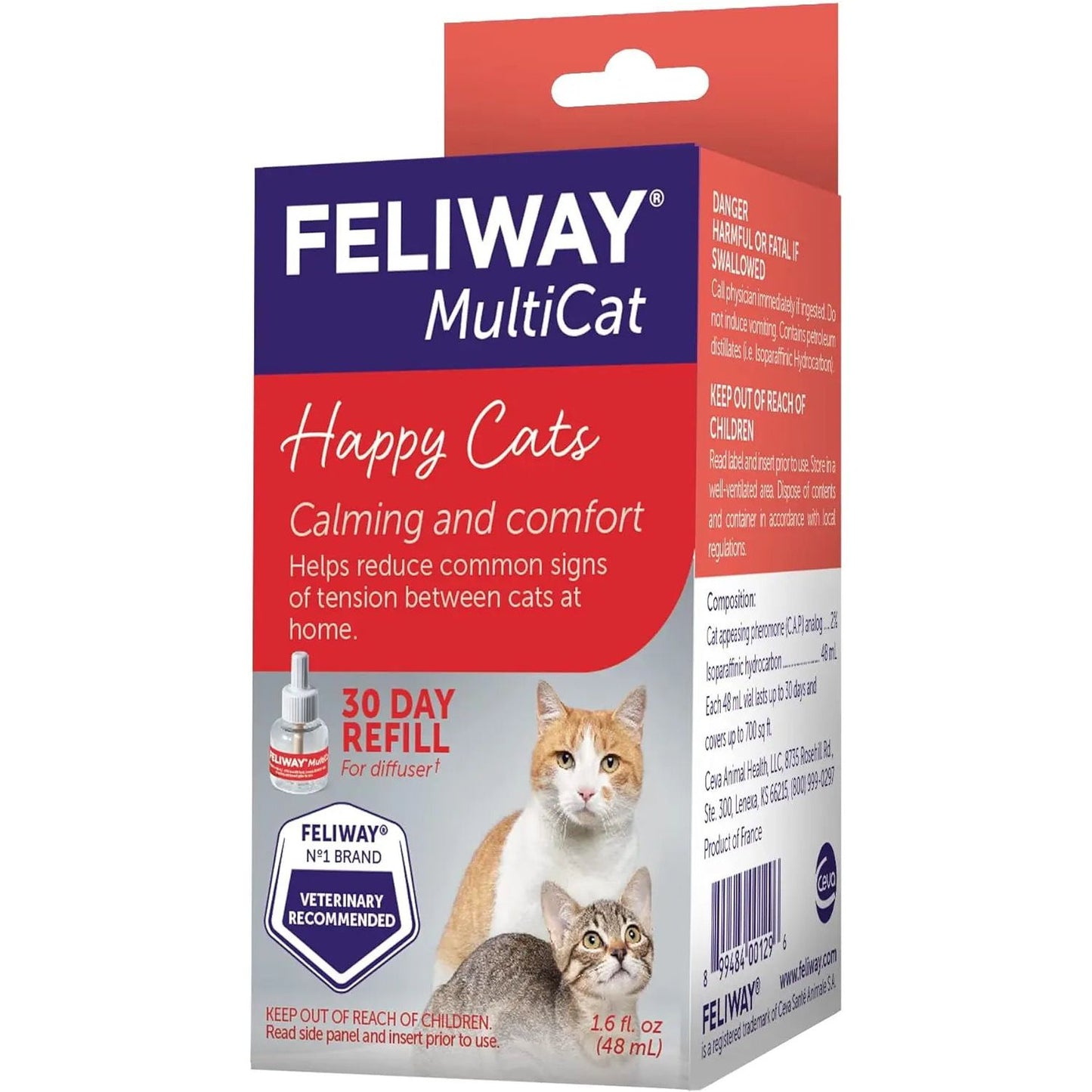 Feliway MultiCat Calming Pheromone 30 Day Refill by Feliway helps reduce cat conflict and tension at home. Packaging features two cats and highlights its calming benefits for households with multiple cats.