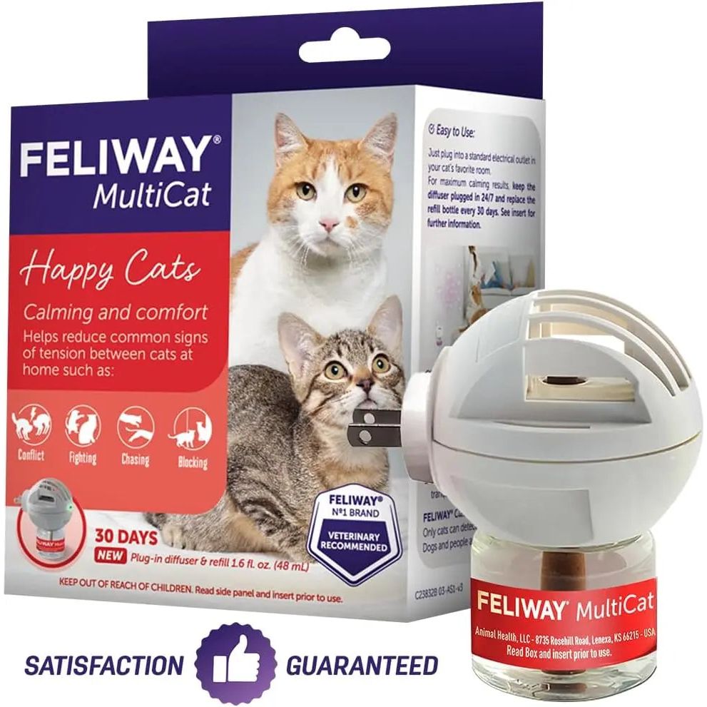 The Feliway MultiCat Calming Pheromone Diffuser 30 Day Starter Kit 48 mL box by Feliway features two cats, details on easing multi-cat tension, a diffuser with vial in front, and Satisfaction Guaranteed icons at the bottom.