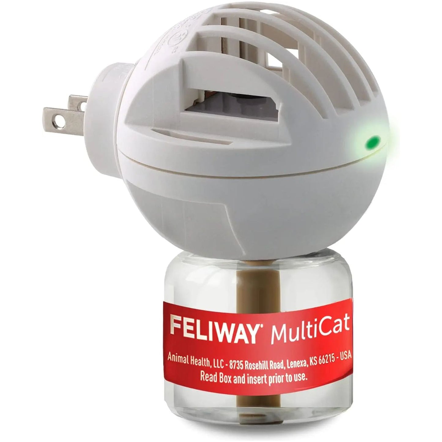 The Feliway MultiCat Calming Pheromone Diffuser 30 Day Starter Kit (48 mL) by Feliway is a white device with a green indicator light, attached to a clear liquid bottle, designed to ease tension in multi-cat households.