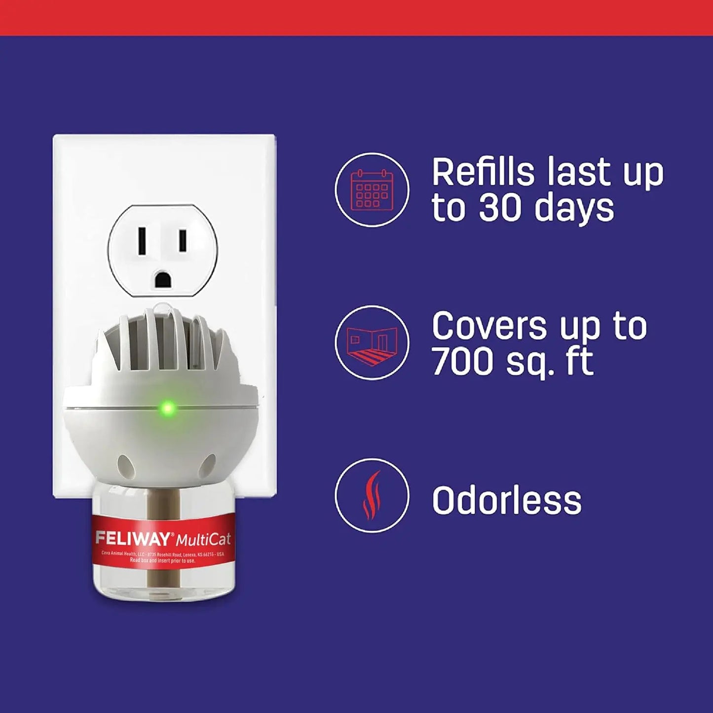 A Feliway MultiCat Calming Pheromone Diffuser 30 Day Starter Kit by Feliway plugged in, with text: Refills last up to 30 days, covers up to 700 sq. ft, and odorless. Purple background with red accents.