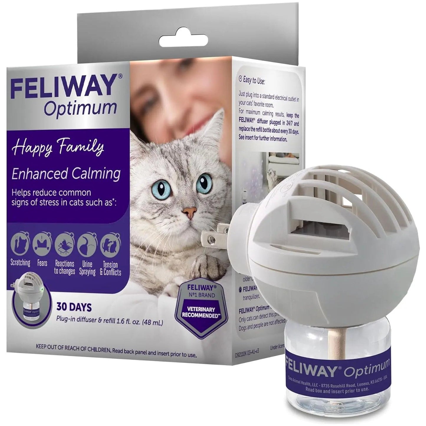 The Feliway Optimum Cat Enhanced Calming Pheromone Diffuser 30 Day Starter Kit 48 mL by Feliway is shown. The package features a gray and white cat and highlights benefits like reducing scratching, urine spraying, and stress in cats.