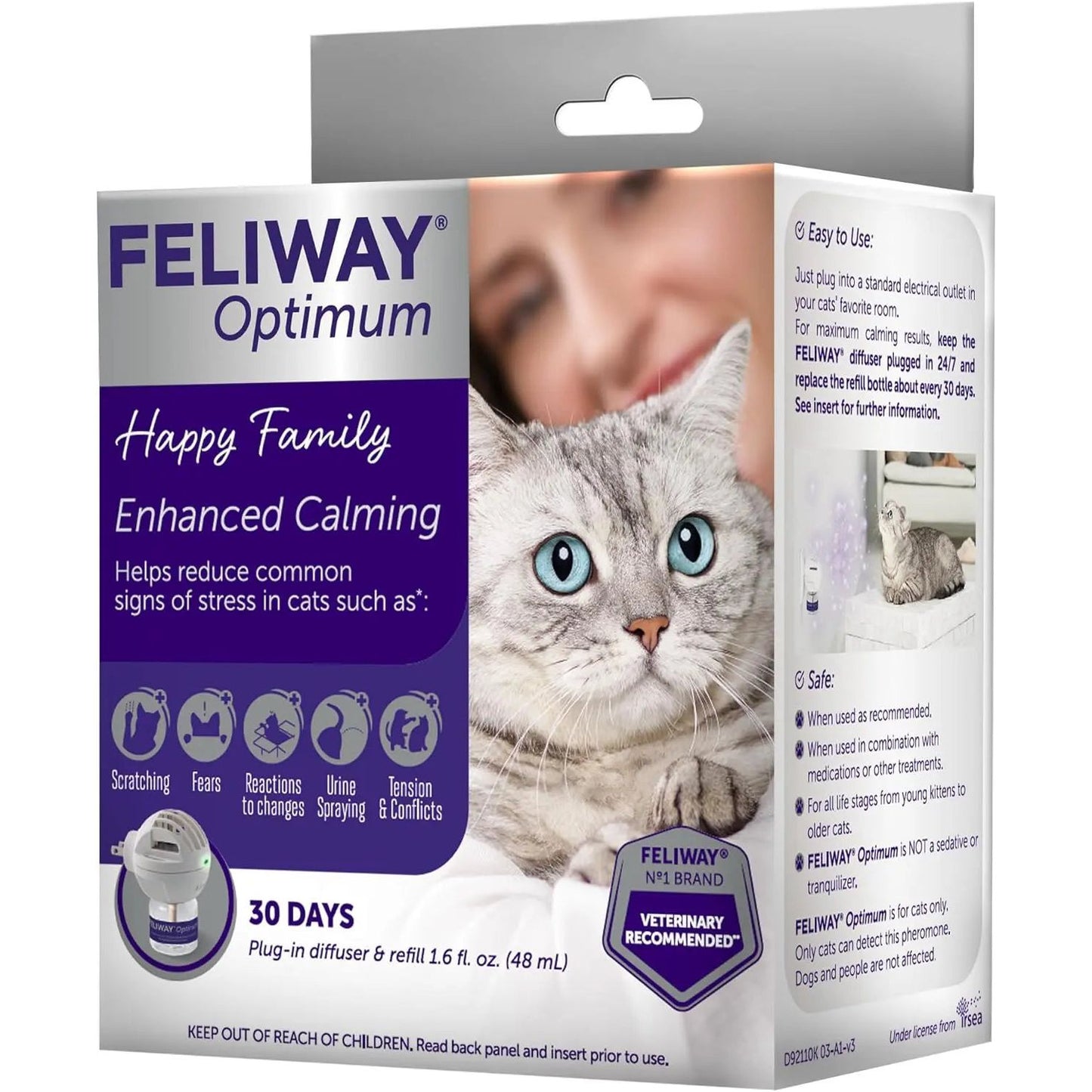 The Feliway Optimum Cat Enhanced Calming Pheromone Diffuser 30 Day Starter Kit 48 mL box features a calm gray and white cat and highlights enhanced calming, plus icons for scratching, stress relief, reactions to changes, and tension & conflicts.