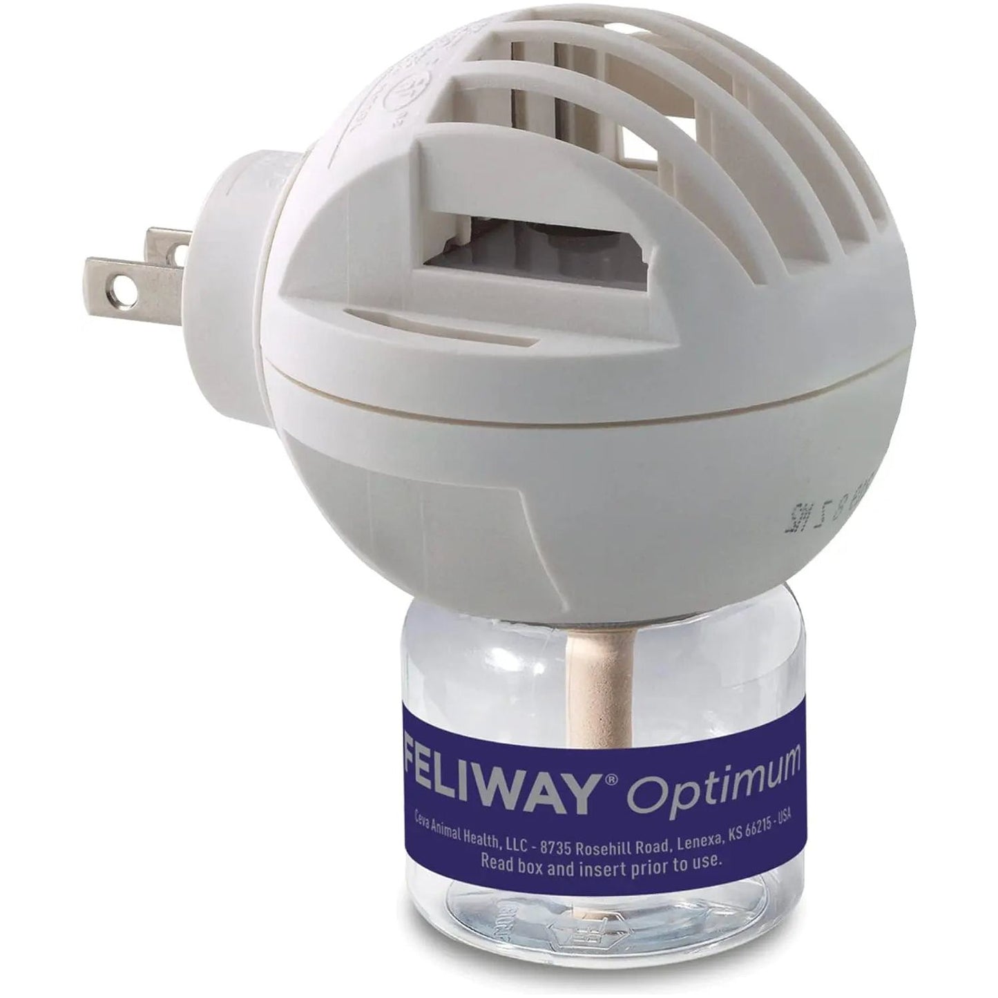 The Feliway Optimum Cat Enhanced Calming Pheromone Diffuser 30 Day Starter Kit (48 mL) by Feliway features a white plastic diffuser with a clear bottle, designed to help relieve cat stress, shown against a white background.