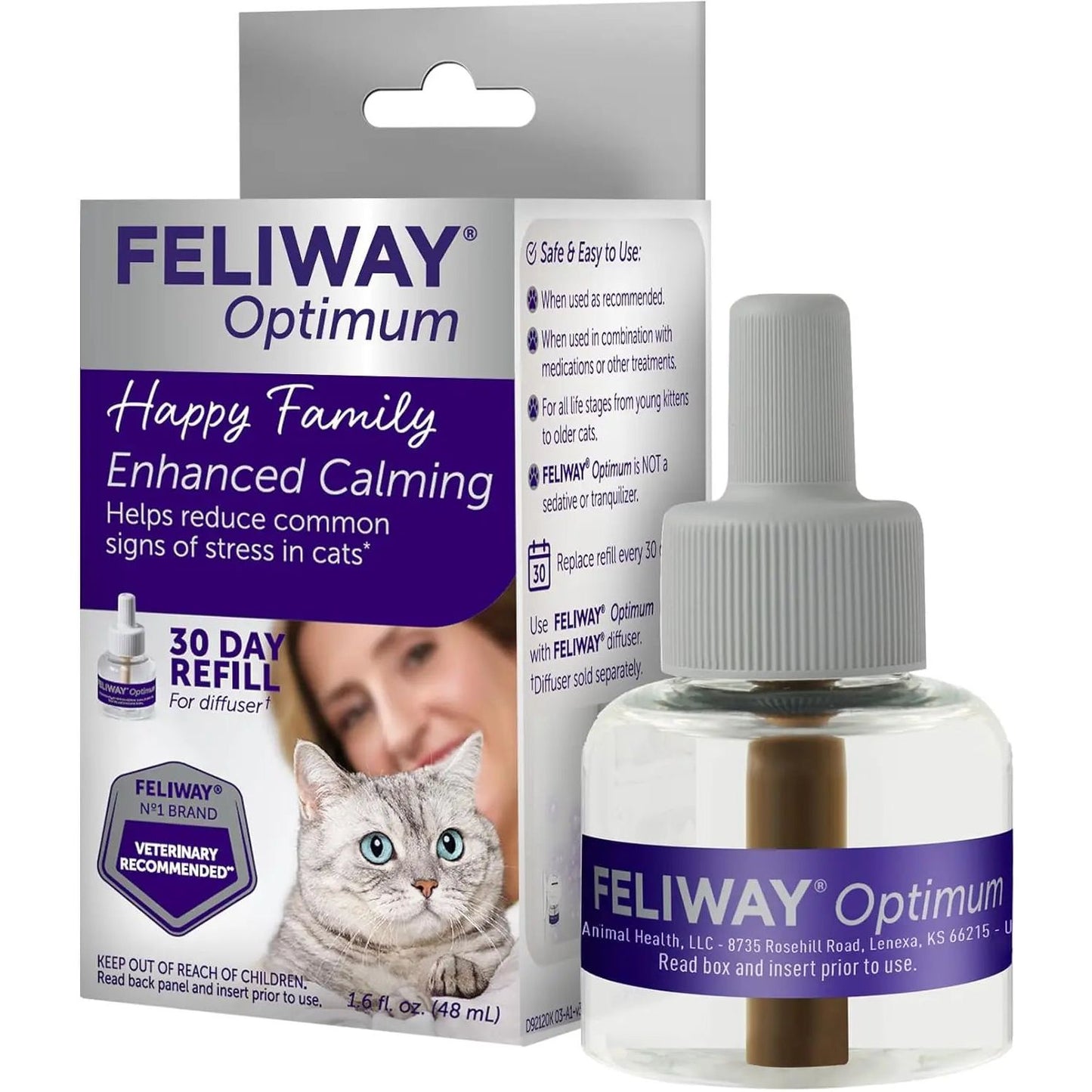 A box and bottle of Feliway Optimum Enhanced Calming Pheromone 30-day Refill. The packaging, mostly purple and white, features a gray cat image and promotes advanced calming for stress-related cat behaviors. The bottle has a gray cap.