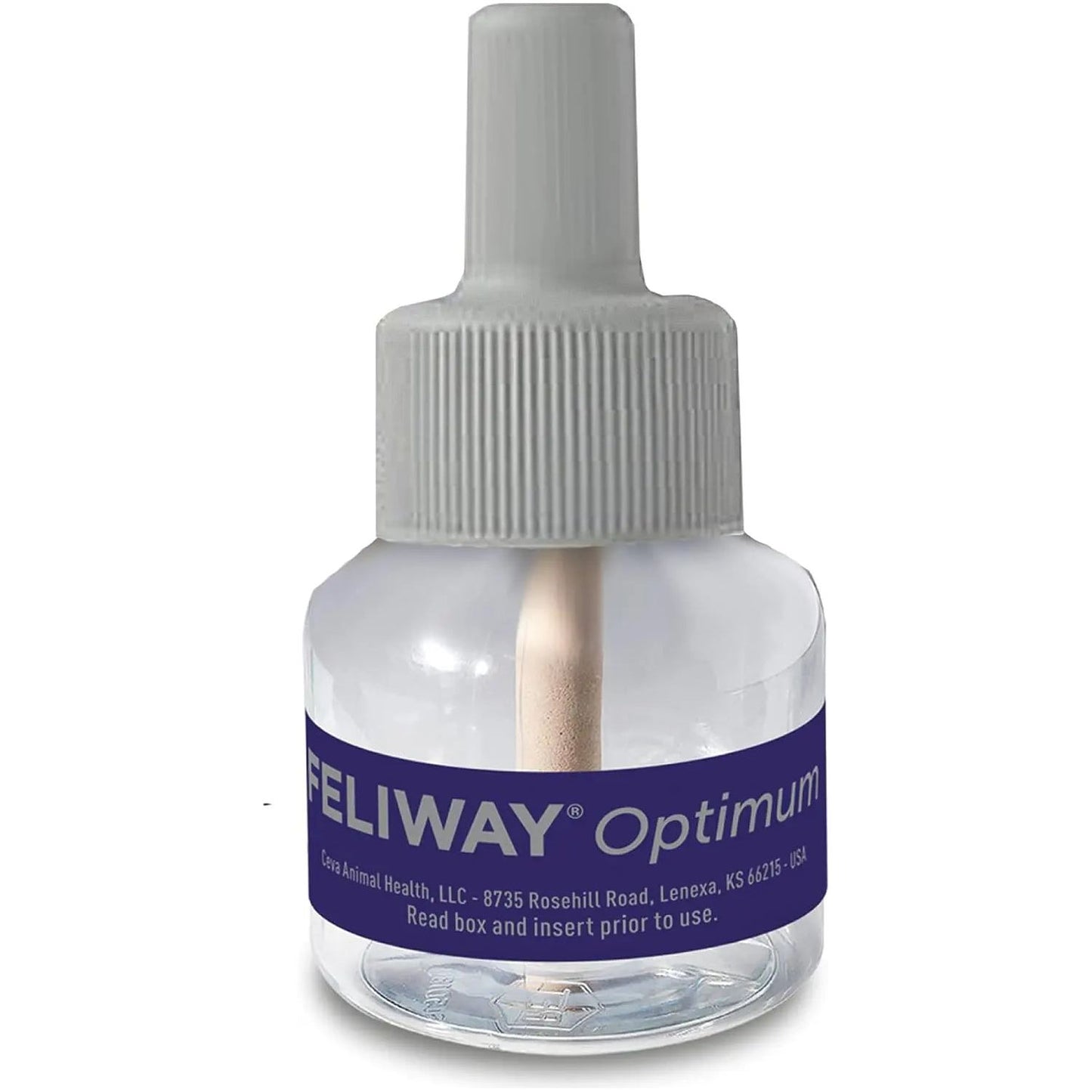 A clear plastic Feliway Optimum Enhanced Calming Pheromone 30-day Refill bottle with a gray cap and purple label, used to diffuse calming pheromones for cats and help reduce stress behaviors. The label shows product and Feliway brand details.