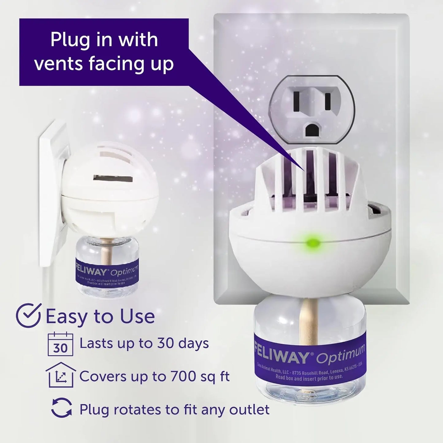 The Feliway Optimum Enhanced Calming Pheromone 30-day Refill by Feliway provides cat stress relief, covering up to 700 sq ft. Easy to use with a rotating plug for any outlet, each refill lasts 30 days for continuous calming support.