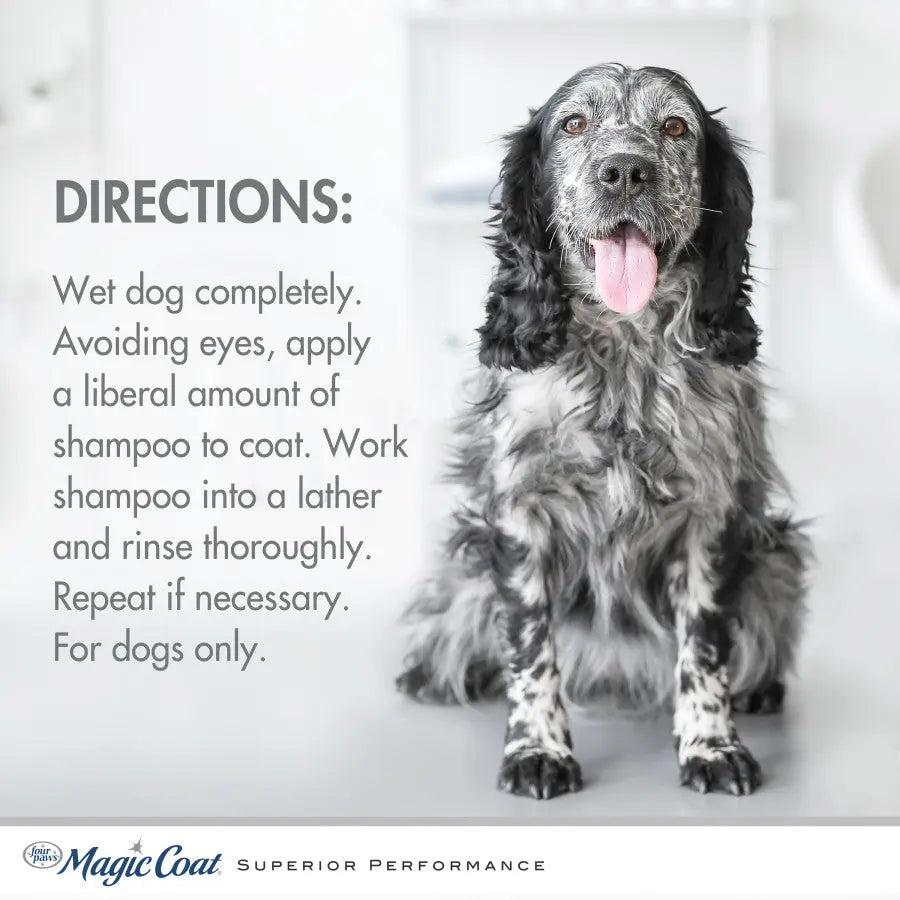 A black and white dog sits on a clean floor with its tongue out. Next to the dog is Four Paws Magic Coat Cleanse & Conditions 2-in-1 Dog Shampoo and Conditioner, with directions to wet, lather, rinse, and repeat as needed.