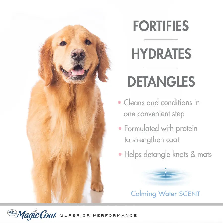 A golden retriever sits beside text highlighting Four Paws Magic Coat Cleanse & Conditions 2-in-1 Dog Shampoo and Conditioner, which fortifies, hydrates, cleans, conditions, strengthens the coat, detangles knots, and has a calming water scent.