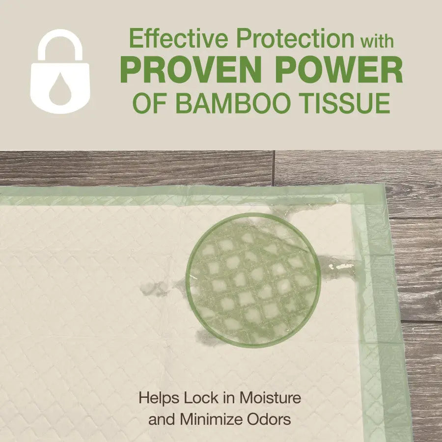 The Four Paws Wee-Wee Superior Performance Eco Bamboo Dog Pee Pads quickly absorb liquid on floors. Lock in moisture and minimize odors with the natural power of bamboo. An icon shows a water droplet inside a lock for lasting protection.