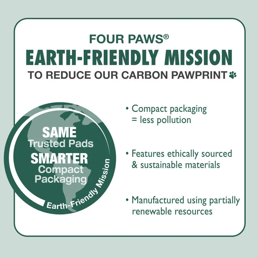 A graphic for Four Paws Wee-Wee Superior Performance Eco Bamboo Dog Pee Pads features a circular badge and text: compact packaging for less pollution, sustainable materials, and manufacturing with renewable resources.