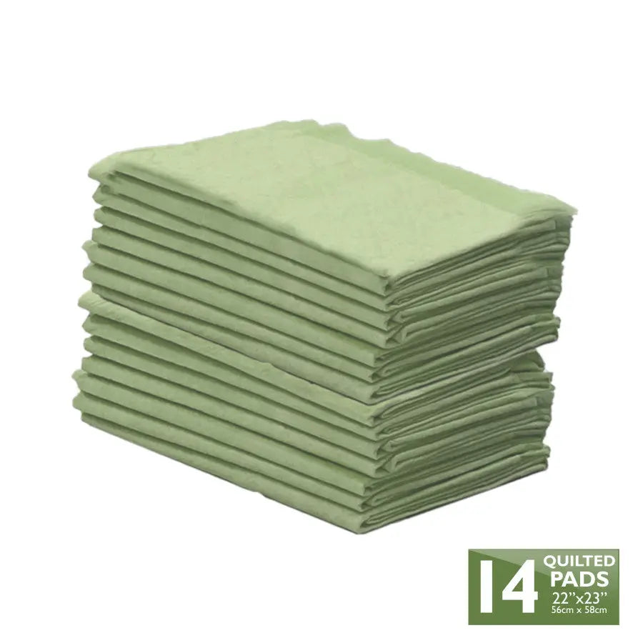 A stack of 14 Four Paws Wee-Wee Superior Performance Eco Bamboo Dog Pee Pads is shown. The label in the bottom right corner reads: 14 Quilted Pads, 22x23, 56cm x 58cm.