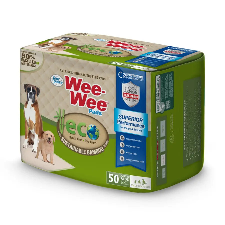 A package of Four Paws Wee-Wee Superior Performance Eco Bamboo Dog Pee Pads features dog and puppy images, highlights sustainable bamboo, a leak-proof system, 50 pads per pack, and is made with 50% recycled materials.