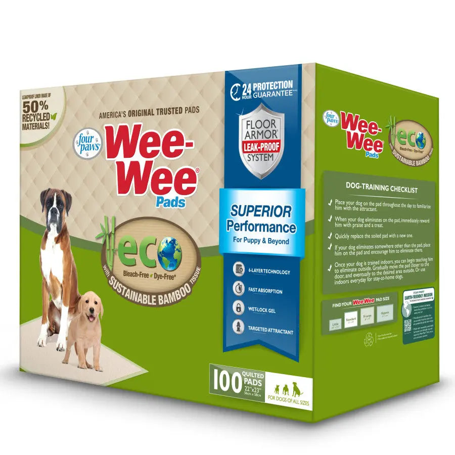 The Four Paws Wee-Wee Superior Performance Eco Bamboo Dog Pee Pads feature eco-friendly, bleach-free, dye-free 100-count pads with sustainable bamboo, leak-proof design, dog-training checklist, and images of large and small dogs on the box.