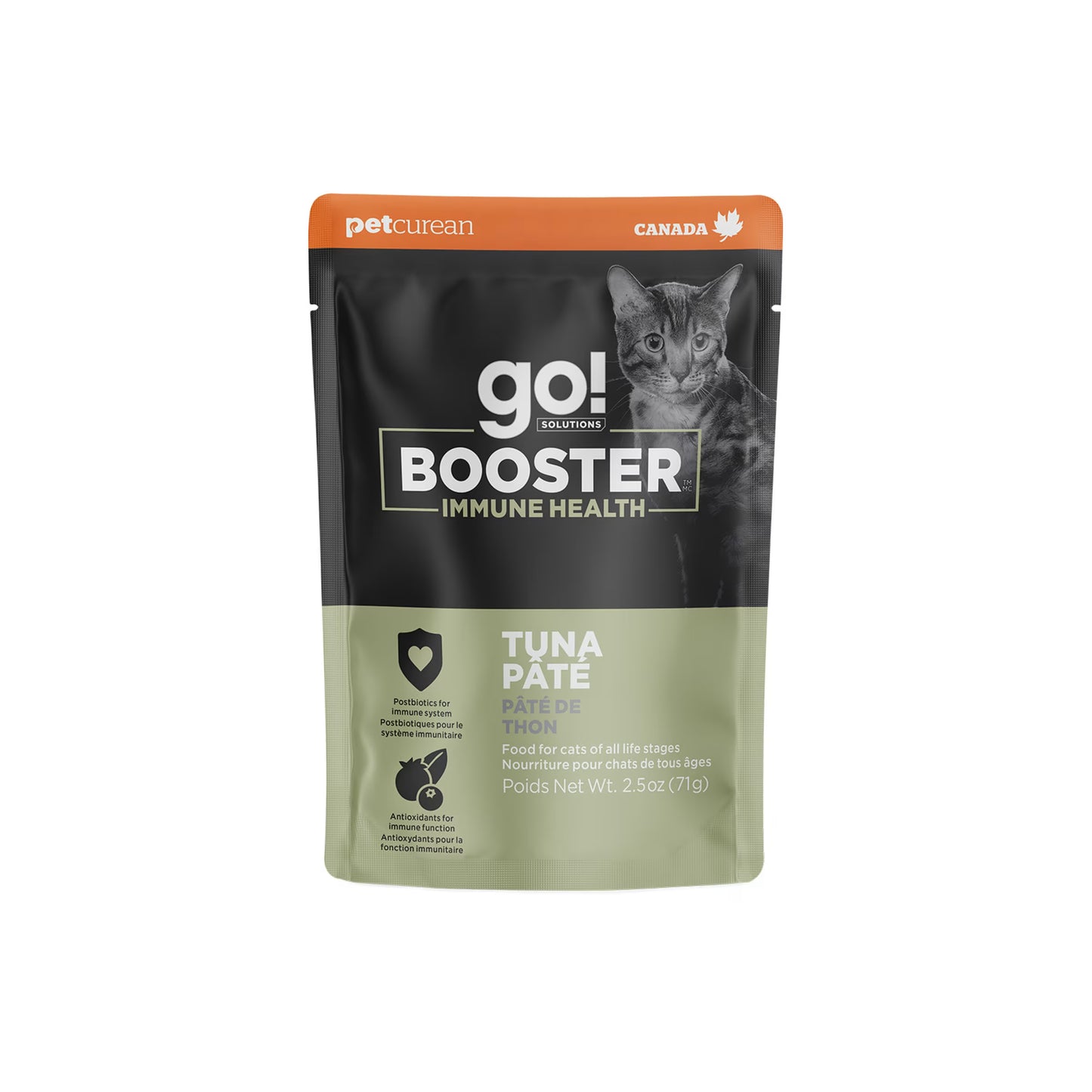 A 2.5 oz (71g) pouch of Go! Solutions Booster Immune Health Tuna Pate Wet Cat Food by Petcurean Pet Foods, with English and French product info and a cat image on the front, formulated to support your cat’s immune health.