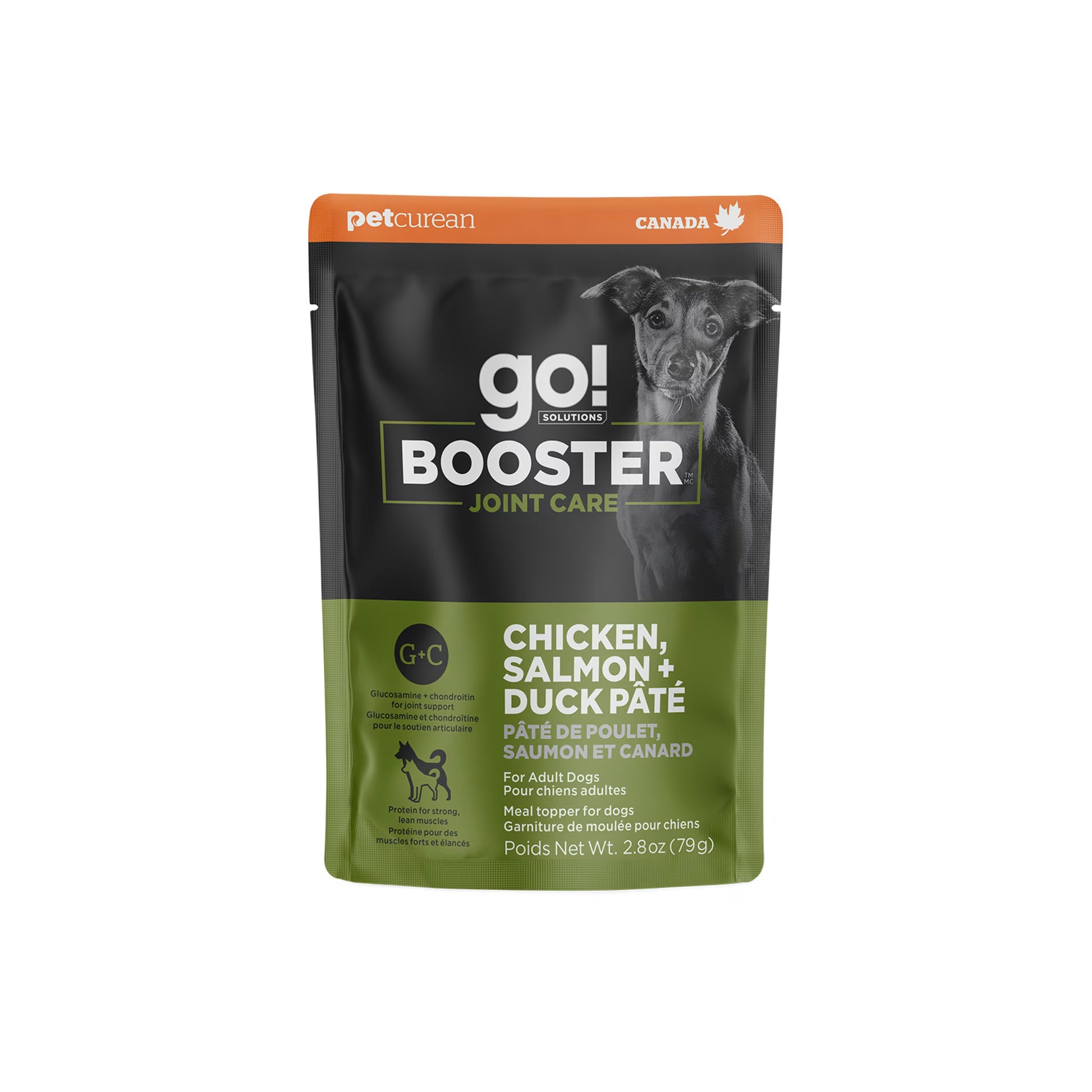 A pouch of Petcurean Pet Foods Go! Solutions Booster Joint Care Chicken, Salmon & Duck Pate Wet Dog Food, 2.8 oz. Black and green packaging highlights glucosamine and chondroitin for senior dogs, with English and French details.