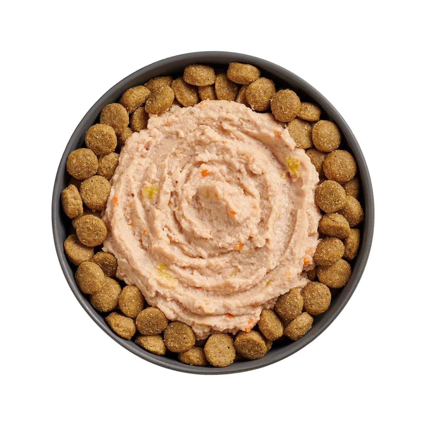 A bowl of grain-free brown kibble arranged around a swirl of Go! Solutions Booster Joint Care Chicken, Salmon & Duck Pate Wet Dog Food by Petcurean Pet Foods—perfect for senior dogs.