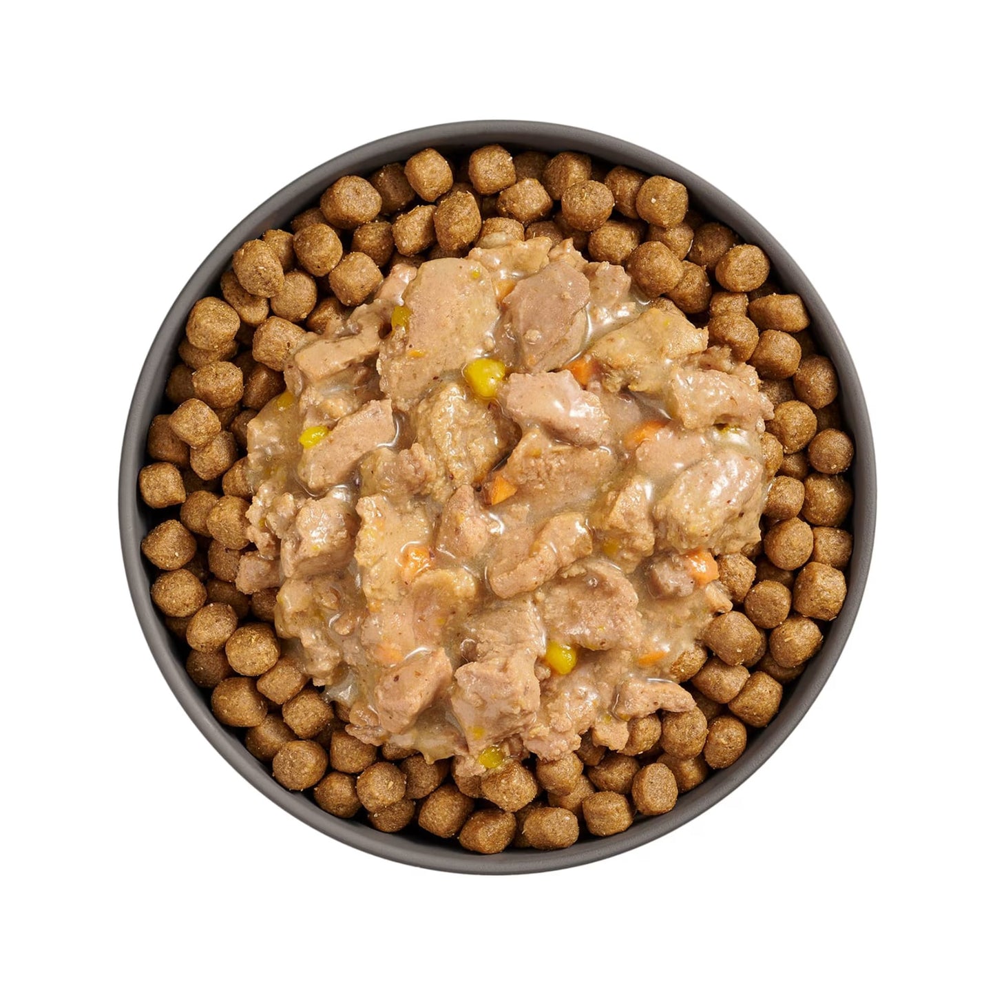 A bowl of Petcurean Pet Foods Go! Solutions Booster Weight Management Minced Chicken & Tuna with Gravy Wet Cat Food (24ea/2.5 oz), featuring lean proteins in gravy, ideal for weight management, isolated on a white background.
