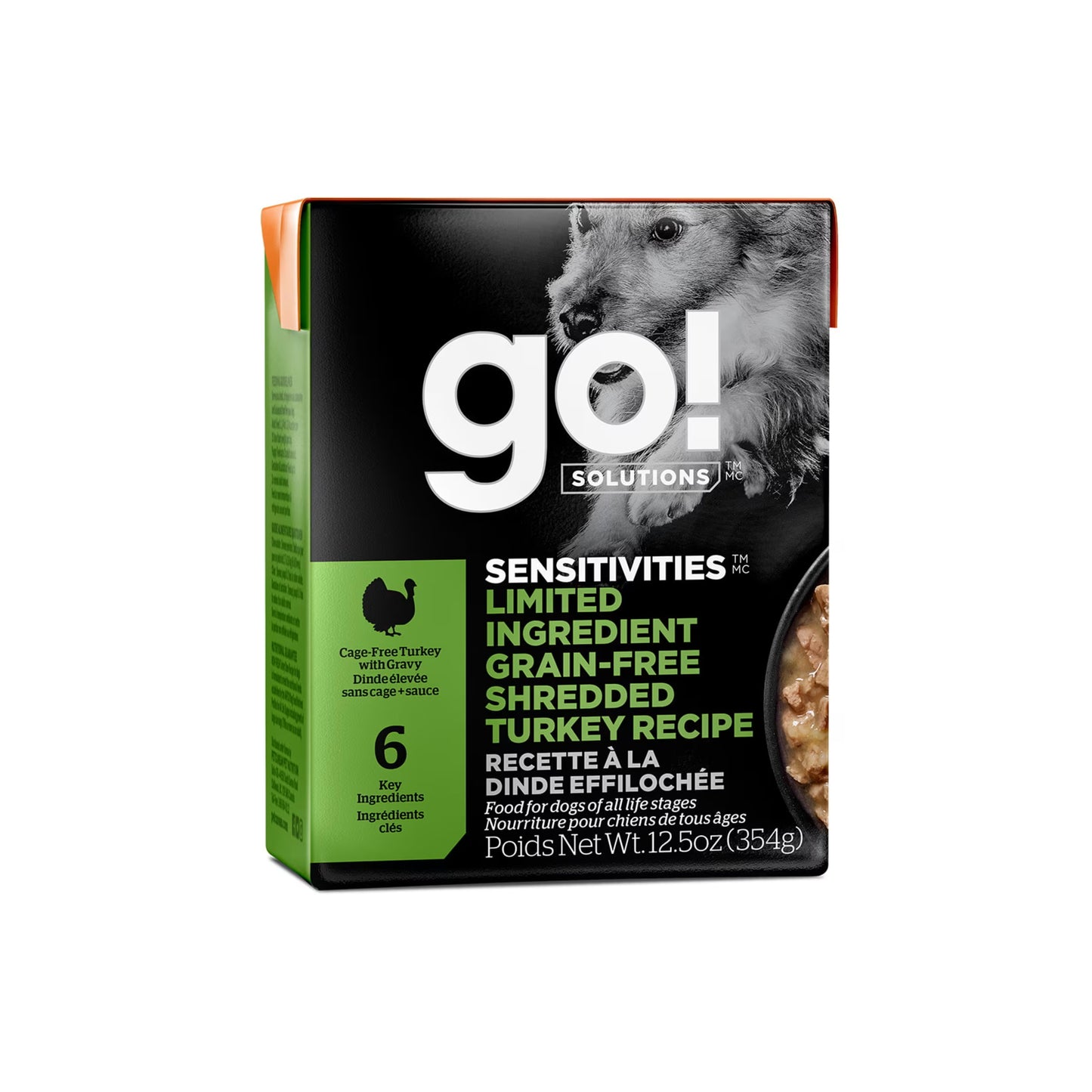 A 12.5 oz can of Petcurean Pet Foods Go! Solutions Sensitivities Limited Ingredient Grain-Free Shredded Turkey Dog Food, perfect for dogs with sensitive stomachs, comes in a pack of 12.