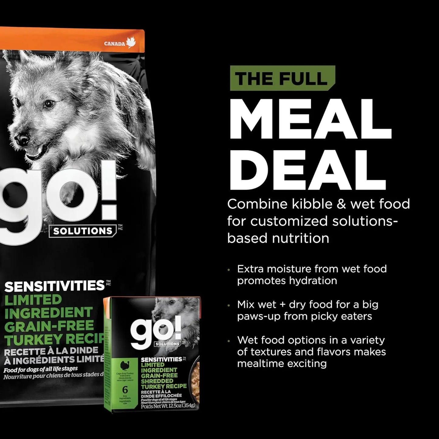 A bag and can of Petcurean Pet Foods Go! Solutions Sensitivities Limited Ingredient Grain-Free Shredded Turkey Dog Food 12ea/12.5 oz are shown, with text highlighting the benefits of mixing kibble and wet food for sensitive dogs and a close-up of a happy dog.