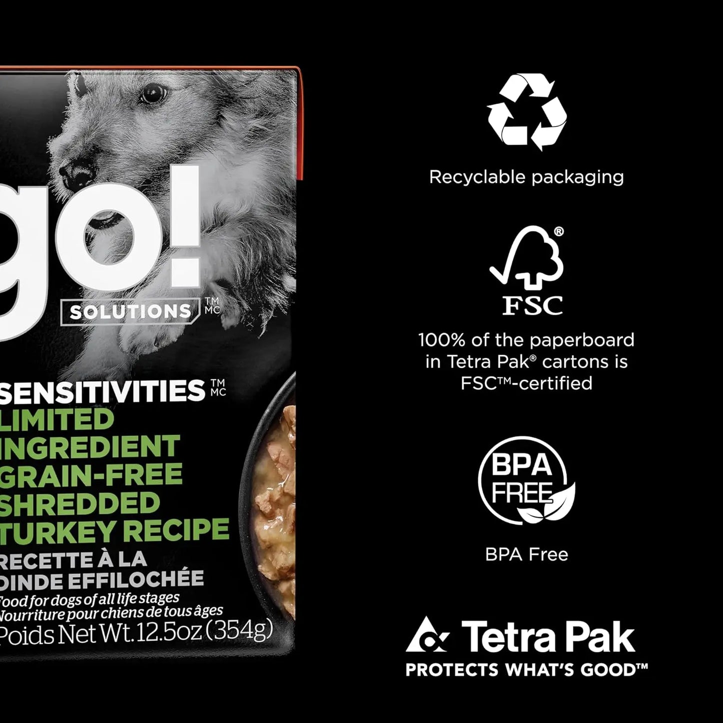 A 12-pack of Petcurean Go! Solutions Sensitivities Limited Ingredient Grain-Free Shredded Turkey Dog Food, featuring eco-friendly recyclable BPA-free packaging with FSC certification and a grayscale dog image.