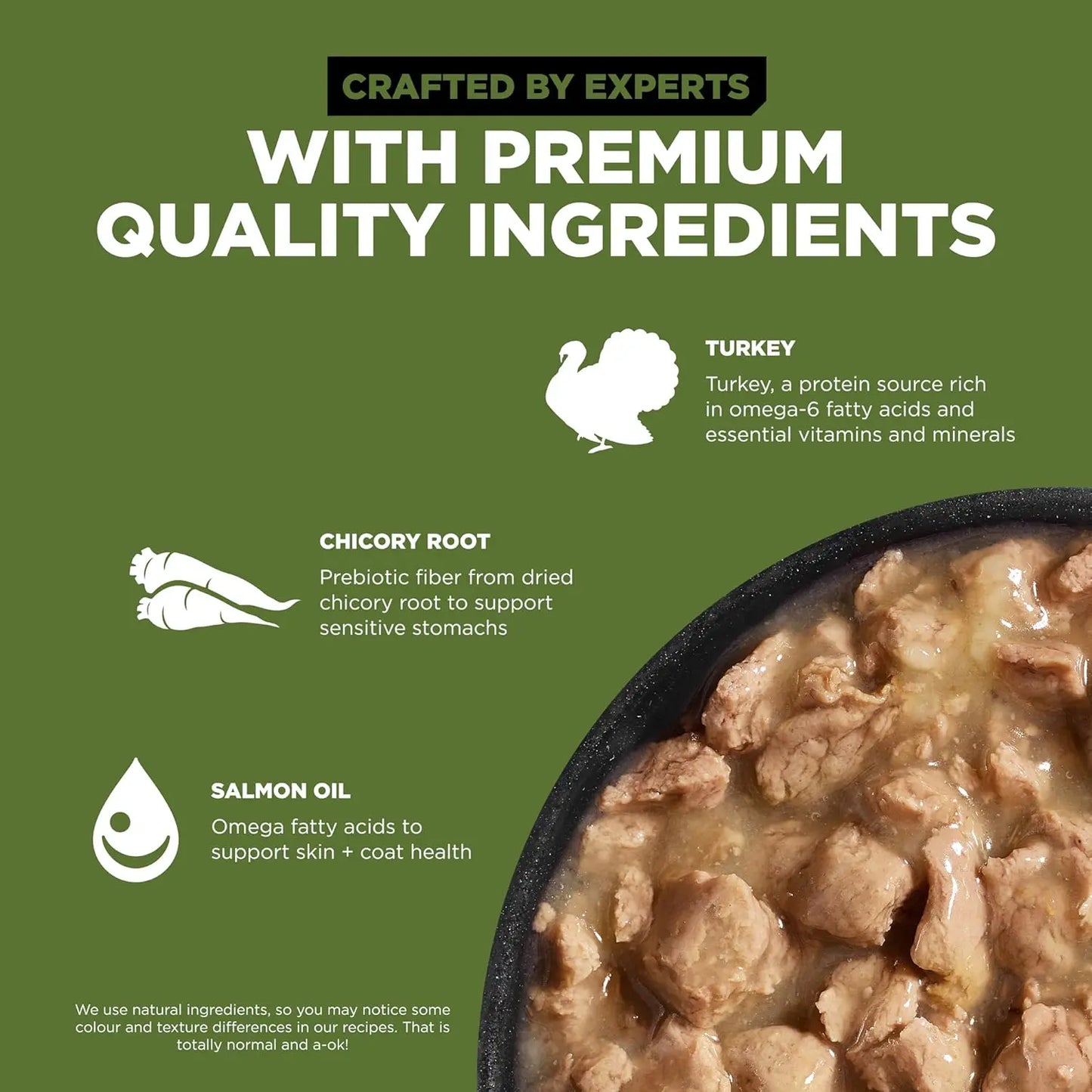 A bowl of Petcurean Pet Foods Go! Solutions Sensitivities Limited Ingredient Grain-Free Shredded Turkey Dog Food (12x12.5 oz) sits on green, with icons highlighting turkey, chicory root, and salmon oil—ideal for sensitive tummy diets.