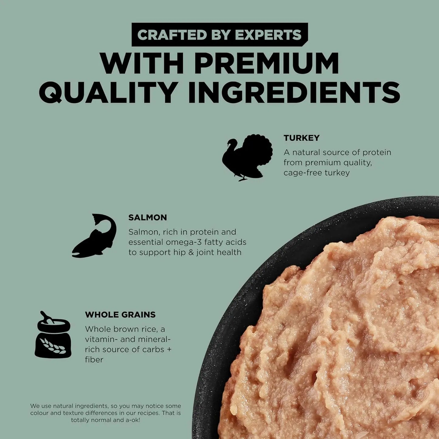 A graphic for Petcurean Pet Foods’ Go! Solutions Skin + Coat Care Turkey & Salmon Pate Dog Food (12ea/12.5 oz) features icons of turkey, fish, and grains; text notes turkey for protein, salmon for omega-3s, and whole grains for fiber.