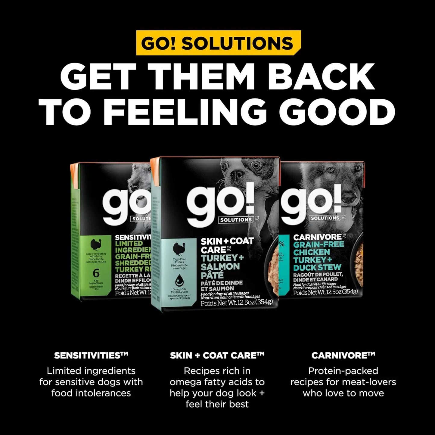 Three boxes of Petcurean Pet Foods Go! Solutions Dog Food are displayed with bold text: GO! SOLUTIONS GET THEM BACK TO FEELING GOOD. Recipes include Skin + Coat Care Turkey & Salmon Pate, Sensitivities, and Carnivore options.