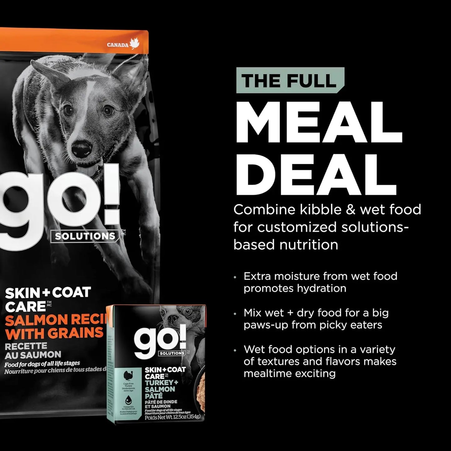 A bag and can of Go! Solutions Skin + Coat Care Turkey & Salmon Pate Dog Food by Petcurean Pet Foods are displayed on a black background, highlighting hydration, variety, and balanced nutrition for picky dogs.