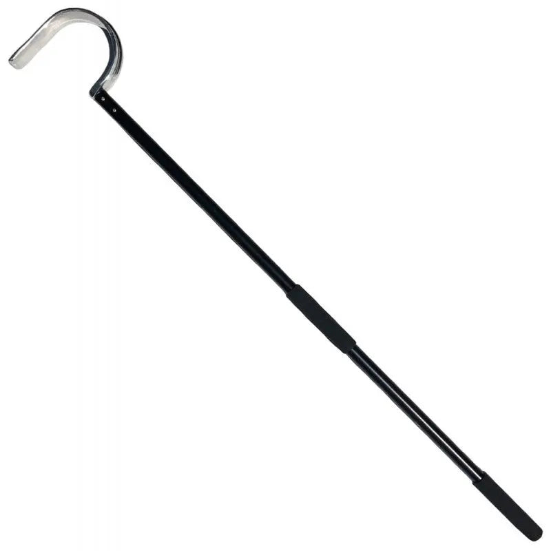 The Lugarti Heavy Duty Snake Hook features a black metal stick with a stainless steel silver hook on one end and a rubber grip handle on the other, designed for comfortable handling and safely reaching or pulling objects.