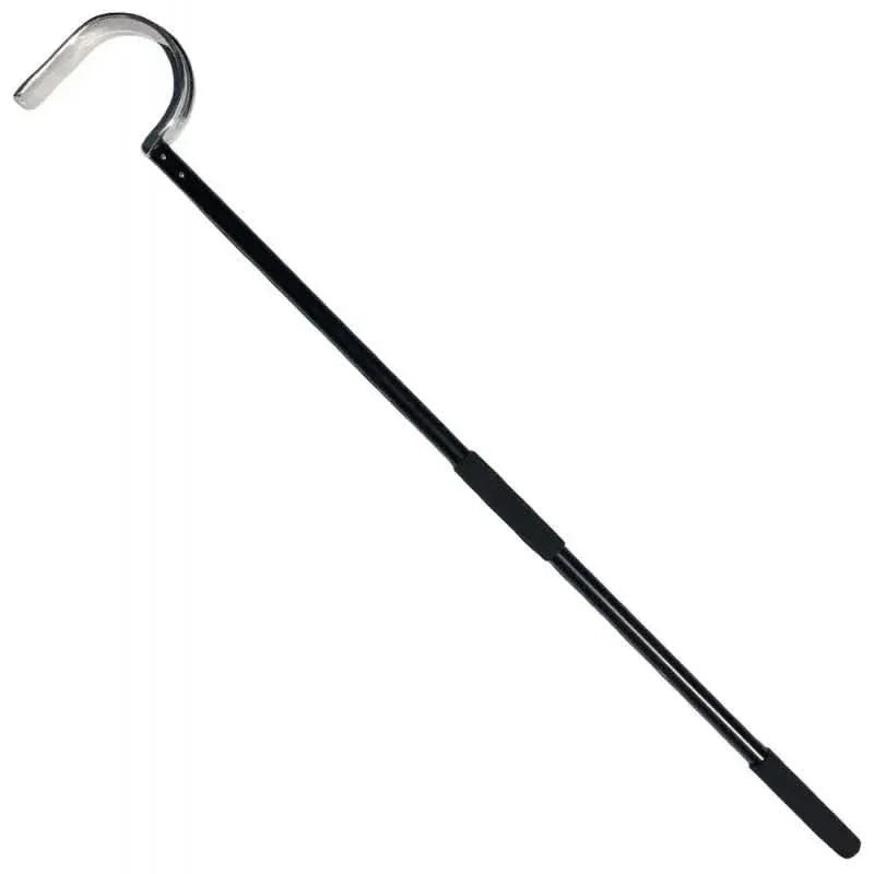 The Lugarti Heavy Duty Snake Hook features a black metal stick with a stainless steel silver hook on one end and a rubber grip handle on the other, designed for comfortable handling and safely reaching or pulling objects.