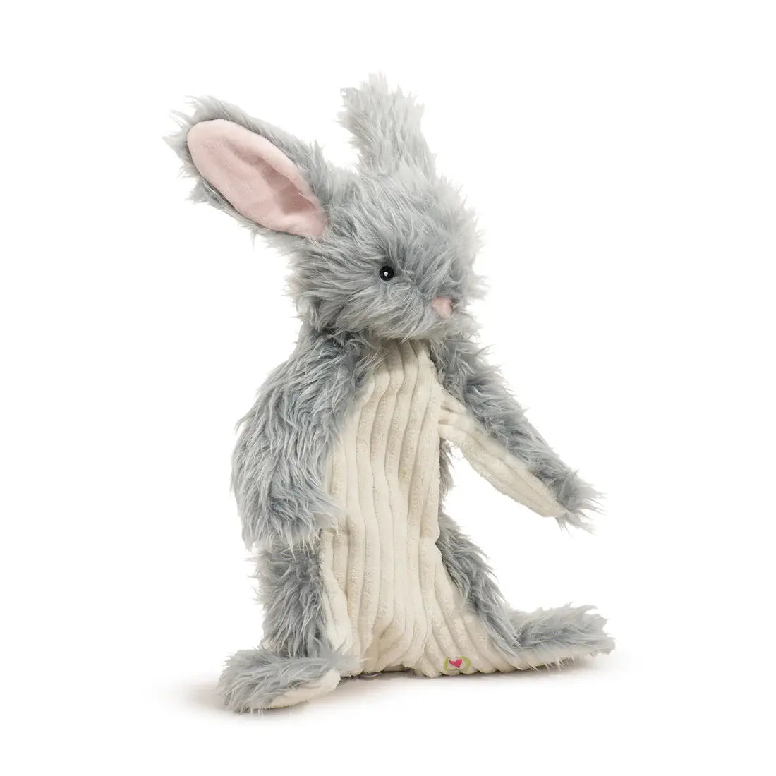 The HuggleHounds Birch Bunny X-Brace Tough Squeaky Plush Dog Toy features a plush gray bunny with long floppy ears and a cream corduroy belly, perfect for your pup to cuddle and play with.
