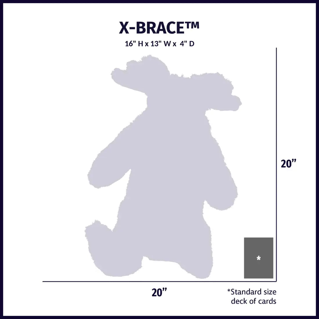 A silhouette of the HuggleHounds Birch Bunny X-Brace Tough Squeaky Plush Dog Toy (16H x 13W x 4D) beside a standard card deck on a 20x20 grid showcases this durable plushs impressive size.