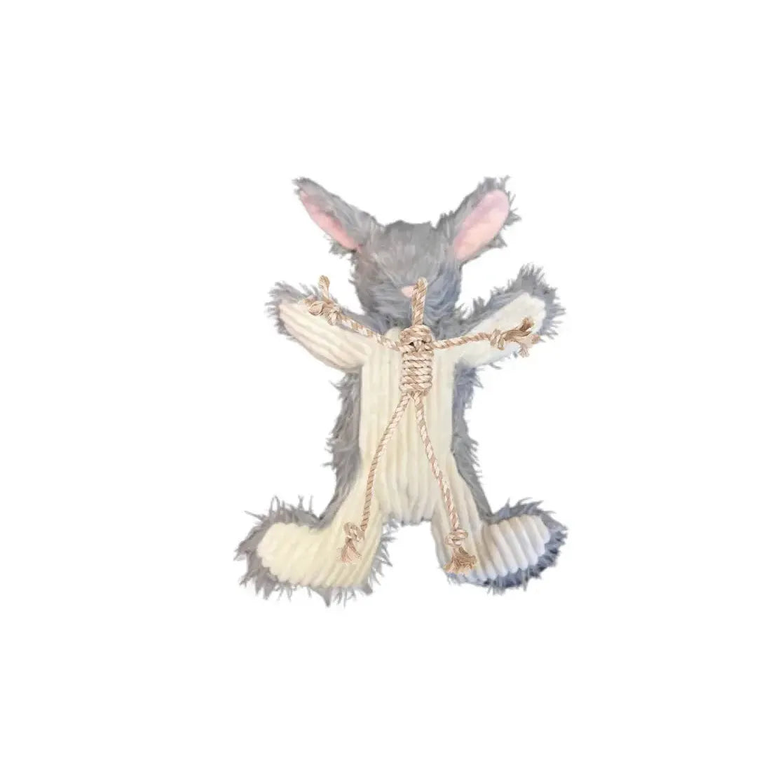The HuggleHounds Birch Bunny X-Brace Tough Squeaky Plush Dog Toy by HuggleHounds, in gray with pink ears, lies on its back near a string stick figure. All items are set against a plain white background.