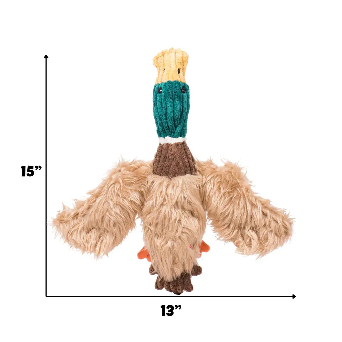 The HuggleHounds Drake Duck X-Brace Tough Squeaky Plush Dog Toy by HuggleHounds is a durable plush shaped like a bird, featuring a green head, yellow crown, brown body, fluffy tan wings, and measures 15x13.