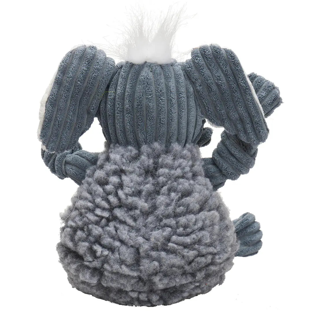 The HuggleHounds Ellamae Elephant HuggleFleece FlufferKnottie Plush Dog Toy features gray ribbed and fuzzy fabric, floppy ears, a fluffy tail, and a white tuft—perfectly durable for your pup.