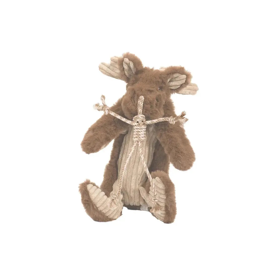 The HuggleHounds Maple Moose X-Brace Tough Squeaky Plush Dog Toy features soft brown and beige fabric with rope limbs and nose, sitting upright on a white background.