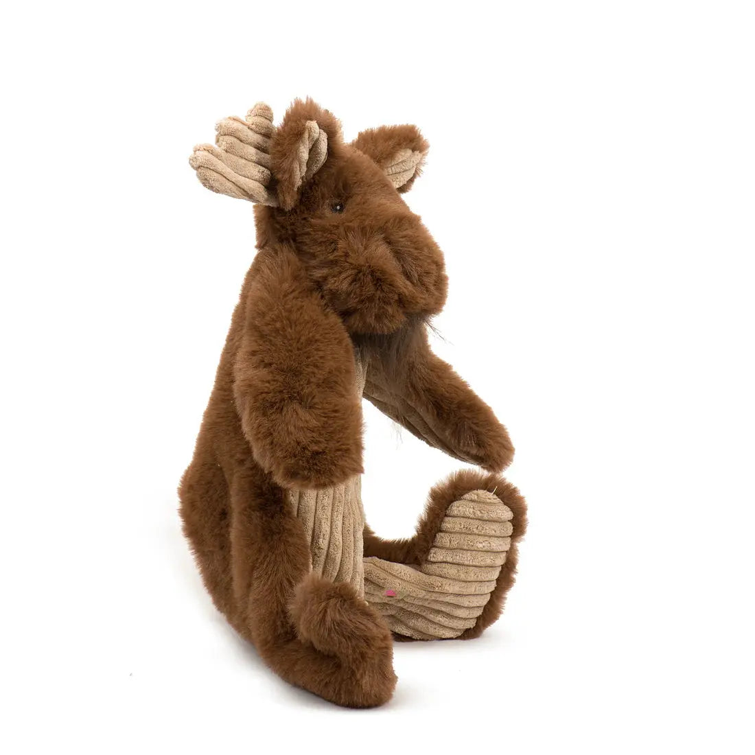 The HuggleHounds Maple Moose X-Brace Tough Squeaky Plush Dog Toy, from HuggleHounds, features textured tan antlers and corduroy-like legs and snout, designed for durability. Shown sitting upright on a white background.
