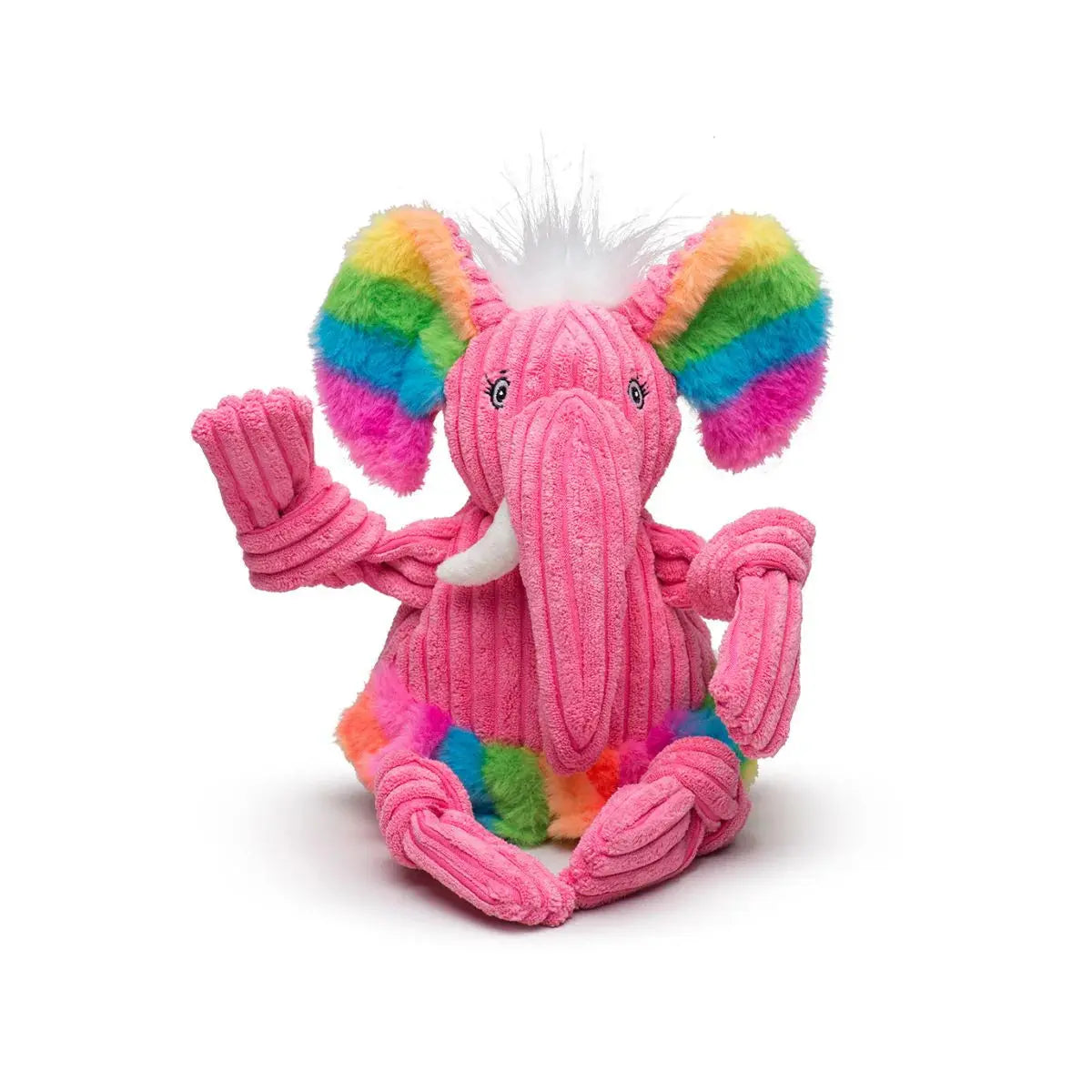 The HuggleHounds Rainbow Durable Plush Corduroy Knotties Squeaky Dog Toy features ribbed pink fabric, rainbow accents on ears and feet, white tusks, Tuffut Technology for durability, and is perfect for playful pups.