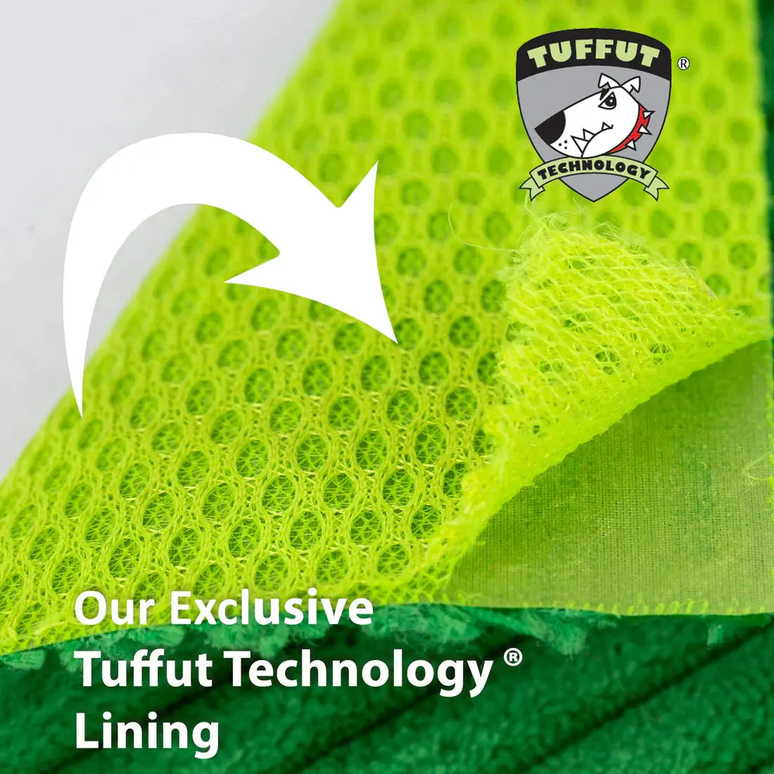 Close-up of bright yellow mesh fabric highlights the Tuffut Technology lining in the HuggleHounds Rainbow Durable Plush Corduroy Knotties Squeaky Dog Toy. A white arrow and Tuffut Technology logo appear, with text: Our Exclusive Tuffut Technology Lining.