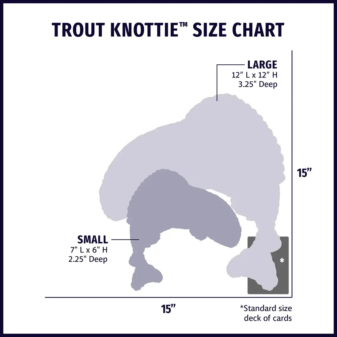 Size chart for HuggleHounds Raucous Rainbow Trout Knottie Tough Squeaky Plush Dog Toy, showing small (7x6x2.25) and large (12x12x3.25) sizes next to a deck of cards; white background with purple silhouettes.