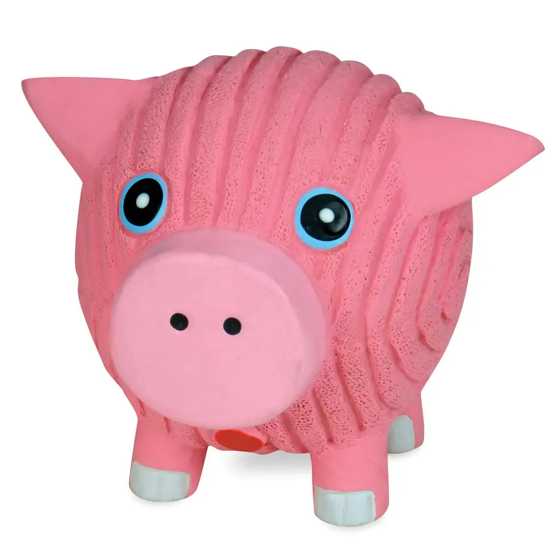 The HuggleHounds Ruff-Tex Squeaky Ball Dog Toy by HuggleHounds is a pink, textured pig with big blue and black eyes, a round snout, and white-tipped feet—an all-natural, fun toy for playful pups.