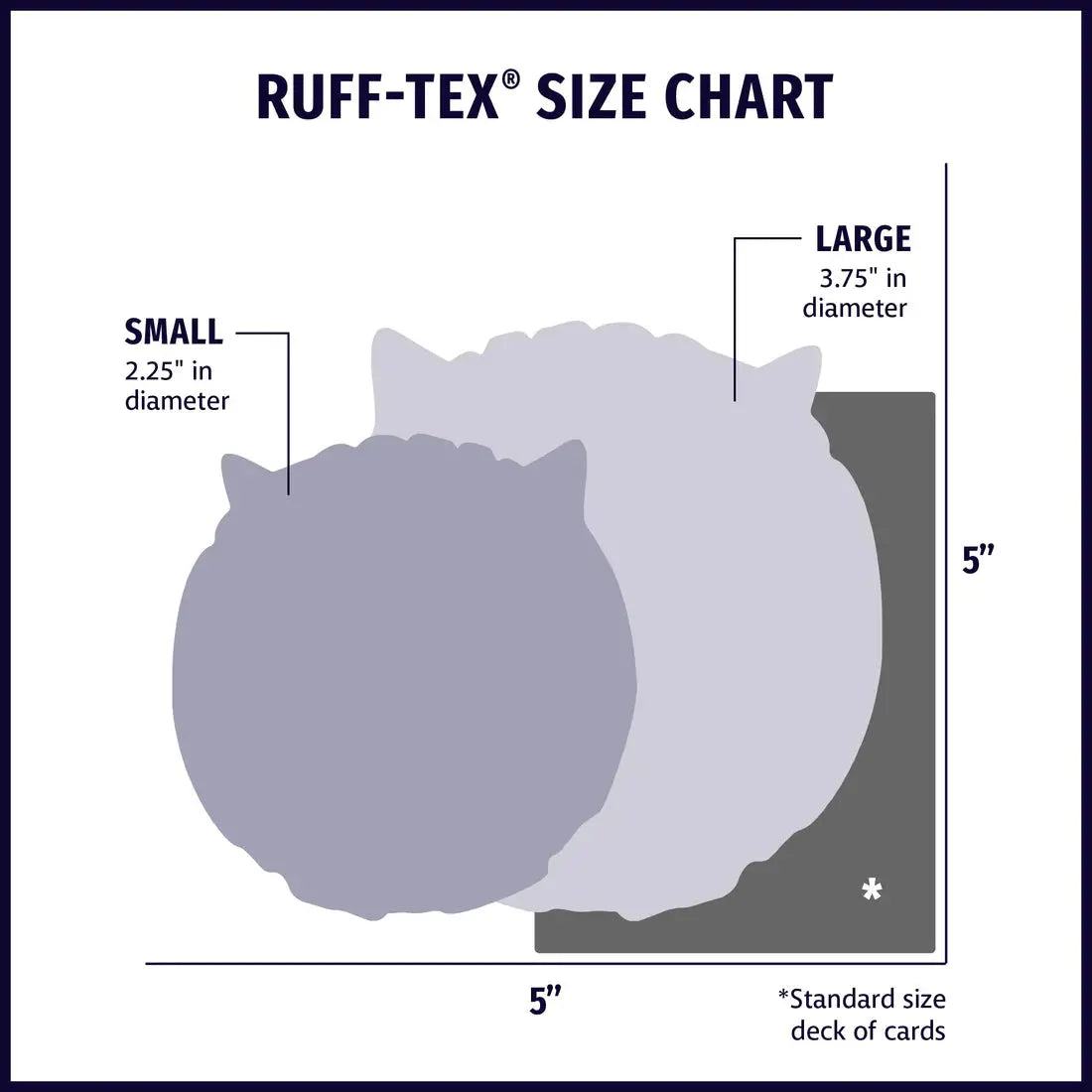 The HuggleHounds Ruff-Tex Squeaky Ball Dog Toy comes in small (2.25 diameter) and large (3.75 diameter) sizes, shown next to a 5x5 square and a deck of cards for size comparison.