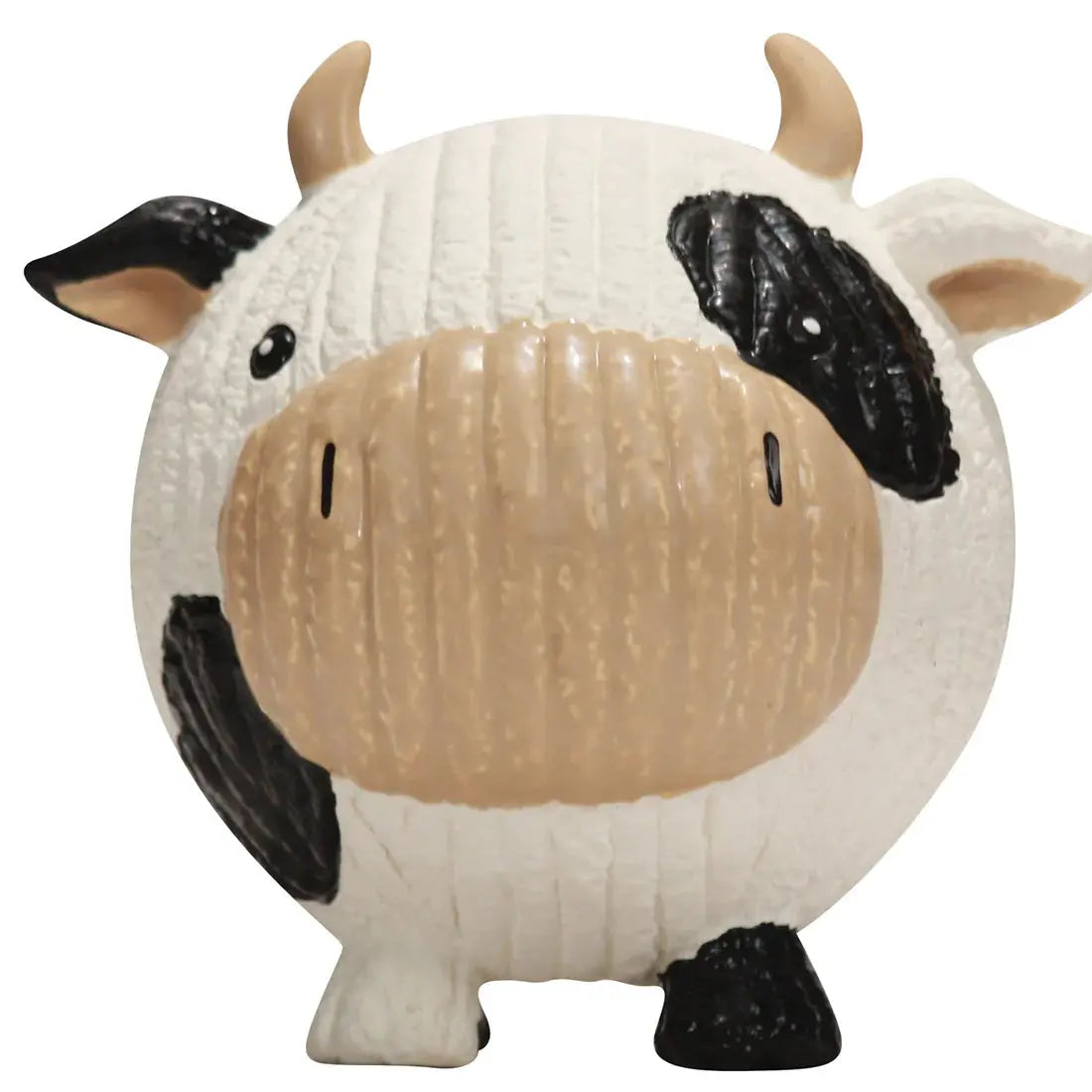 A round, textured ceramic figure resembling a cow—with a beige snout, black spots, small horns, and short legs—evokes the playful charm of the HuggleHounds Ruff-Tex Squeaky Ball Dog Toy by HuggleHounds.