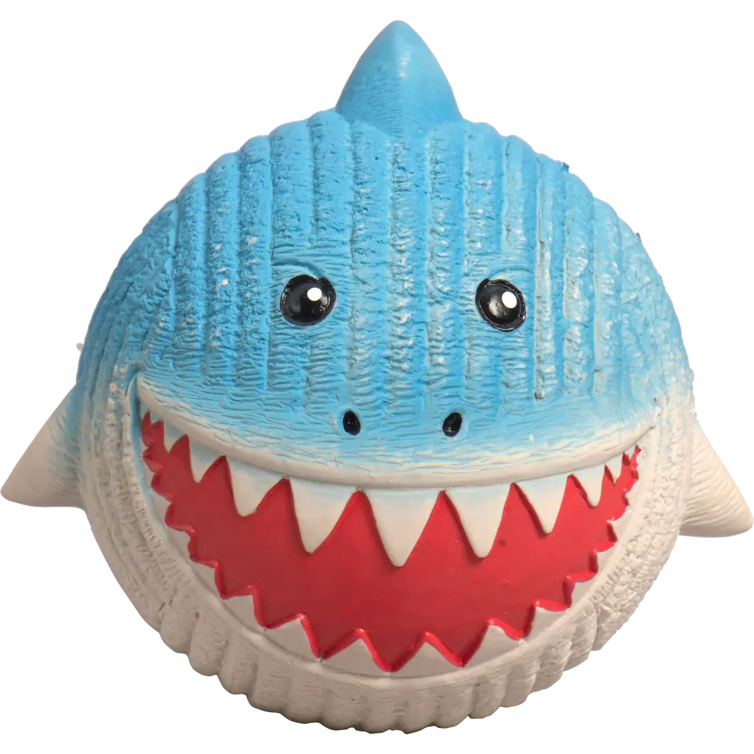 The HuggleHounds Ruff-Tex Squeaky Ball Dog Toy is a round, blue and white shark-shaped toy with black eyes, a red mouth, and playful teeth—perfect for interactive play with your dog.