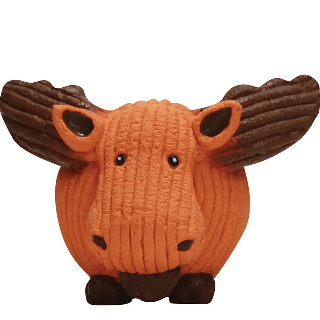 The HuggleHounds Ruff-Tex Squeaky Ball Dog Toy by HuggleHounds is an orange-and-brown moose-shaped dog toy with large antlers, black eyes, and a rounded body, shown from the front on a white background.
