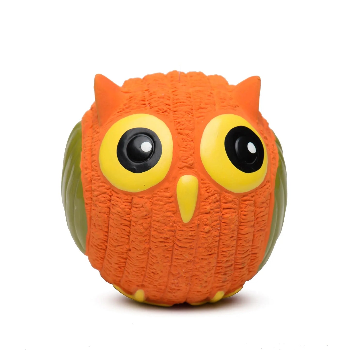 An orange HuggleHounds Ruff-Tex Squeaky Ball Dog Toy shaped like an owl, featuring large yellow and black eyes, small pointed ears, a yellow beak, and textured feathers.