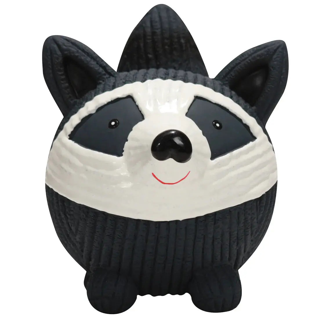 A round, cartoon-style raccoon figurine with a black and white face, black ears, and a red smile sits upright—perfect as the all-natural HuggleHounds Ruff-Tex Squeaky Ball Dog Toy by HuggleHounds.