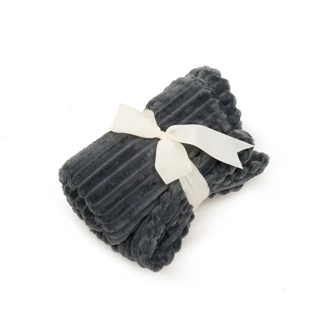 The HuggleHounds Scout Blankie Double-Sided Plush Dog Blanket by HuggleHounds is shown folded and tied with a white ribbon, in dark gray ribbed plush, displayed on a white background.
