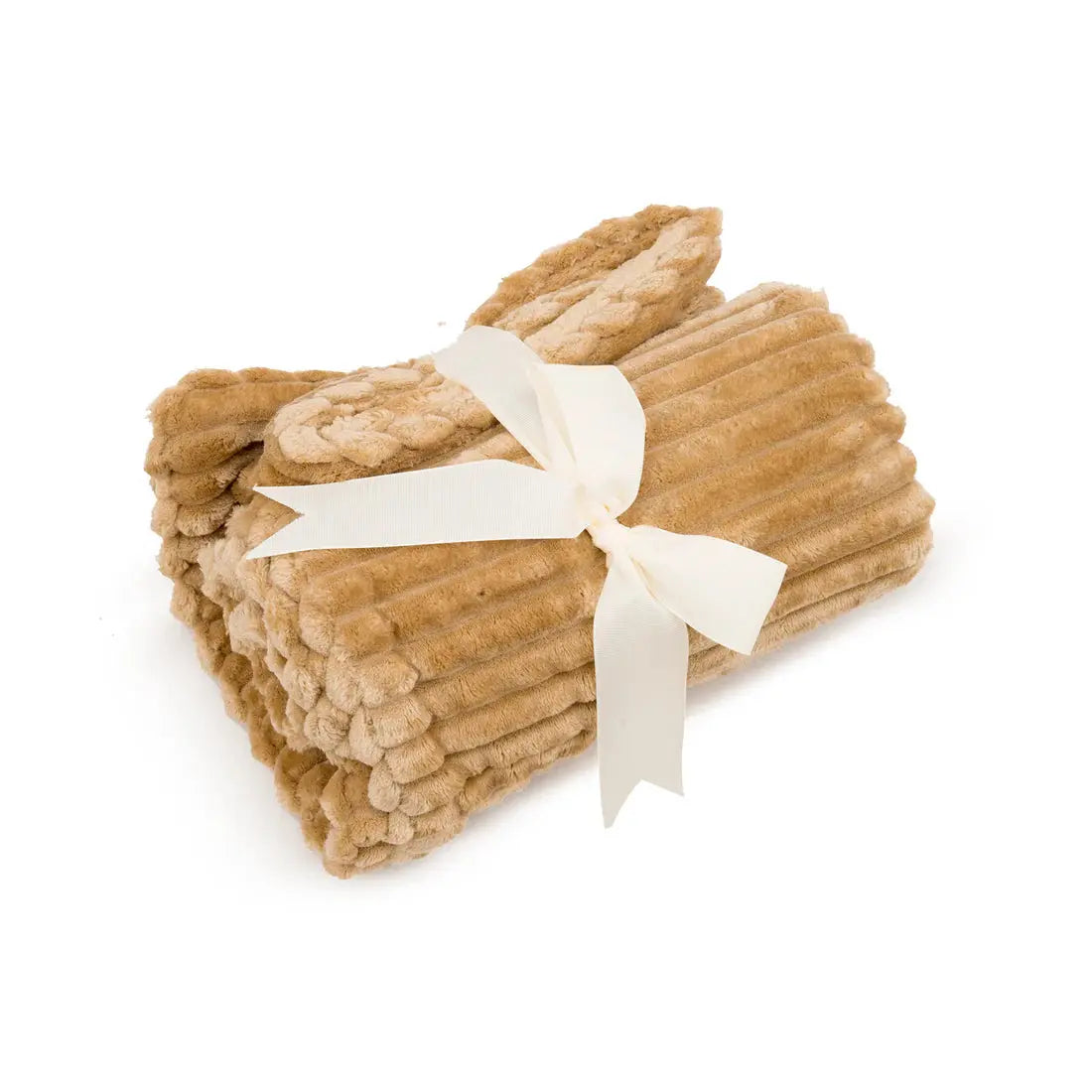 The HuggleHounds Scout Blankie Double-Sided Plush Dog Blanket by HuggleHounds, shown folded and ribbed in light brown, is tied with a cream ribbon in a bow and displayed on a white background.